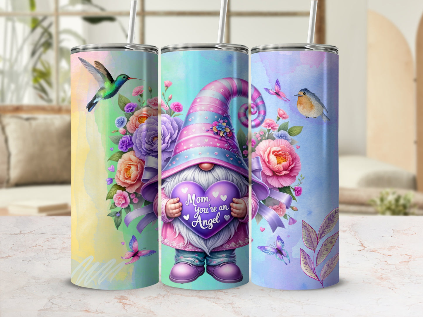 Mom You're an Angel Gnome Floral Art Tumbler
