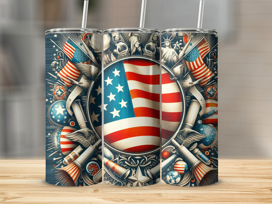 Patriotic tumbler with USA flag, stars, and fireworks, on wooden surface.