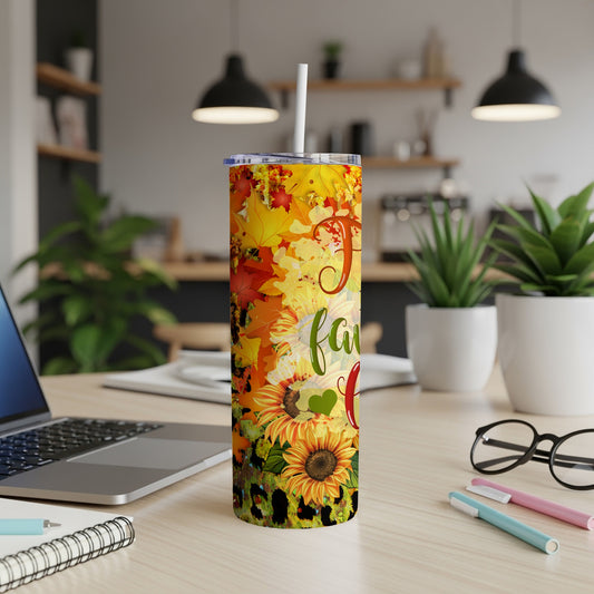 Tall tumbler with fall leaves, sunflowers, and "family" text.