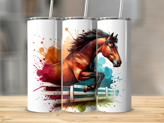 Horse jumping over fence with watercolor splashes.