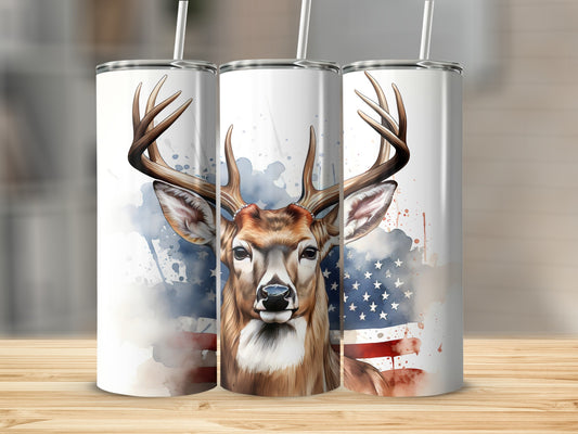 Three tumblers featuring a deer and American flag design.