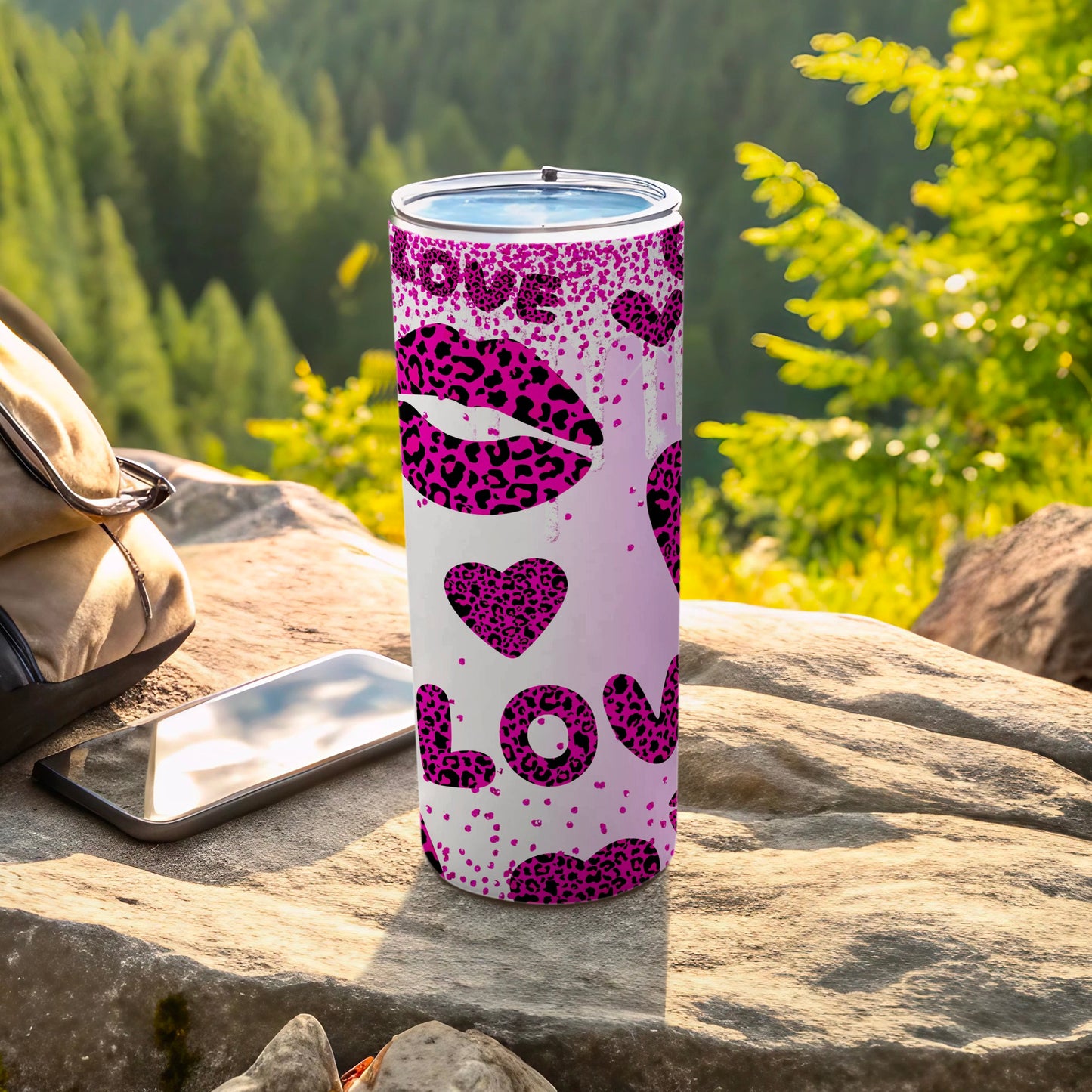 Pink Leopard Print Love Design on Tumbler Cup