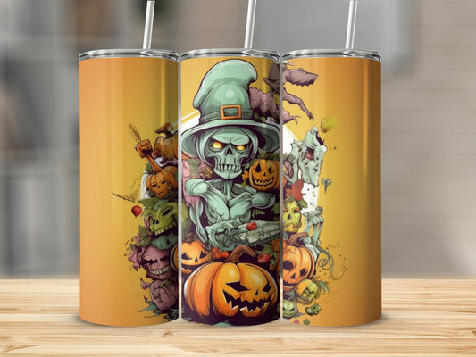 Halloween themed tumbler with skeleton, pumpkins, and spooky characters.