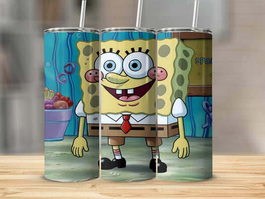 SpongeBob SquarePants character featured on three tall, cylindrical tumblers.