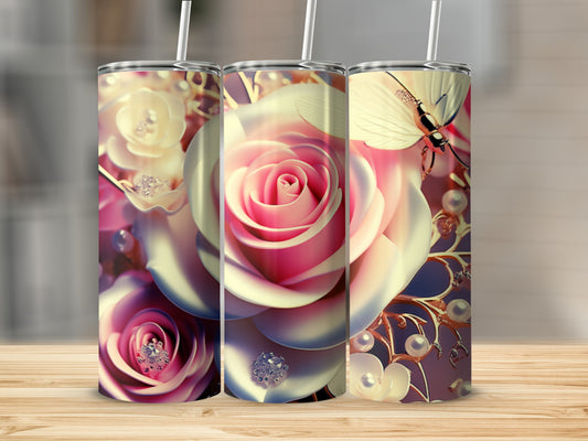 Three floral tumblers with roses, pearls, and a butterfly.