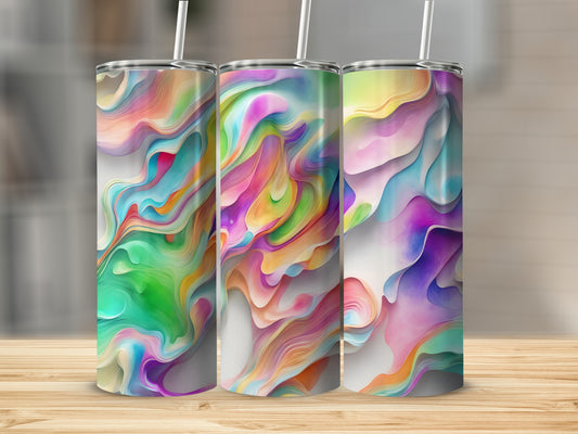 Three tumblers with vibrant, abstract watercolor art patterns.