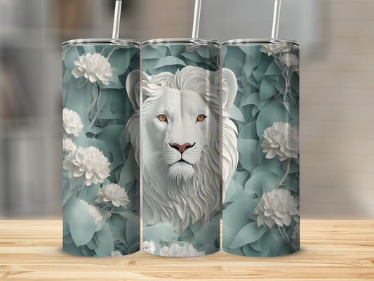 White lion head with floral background on three tumblers.