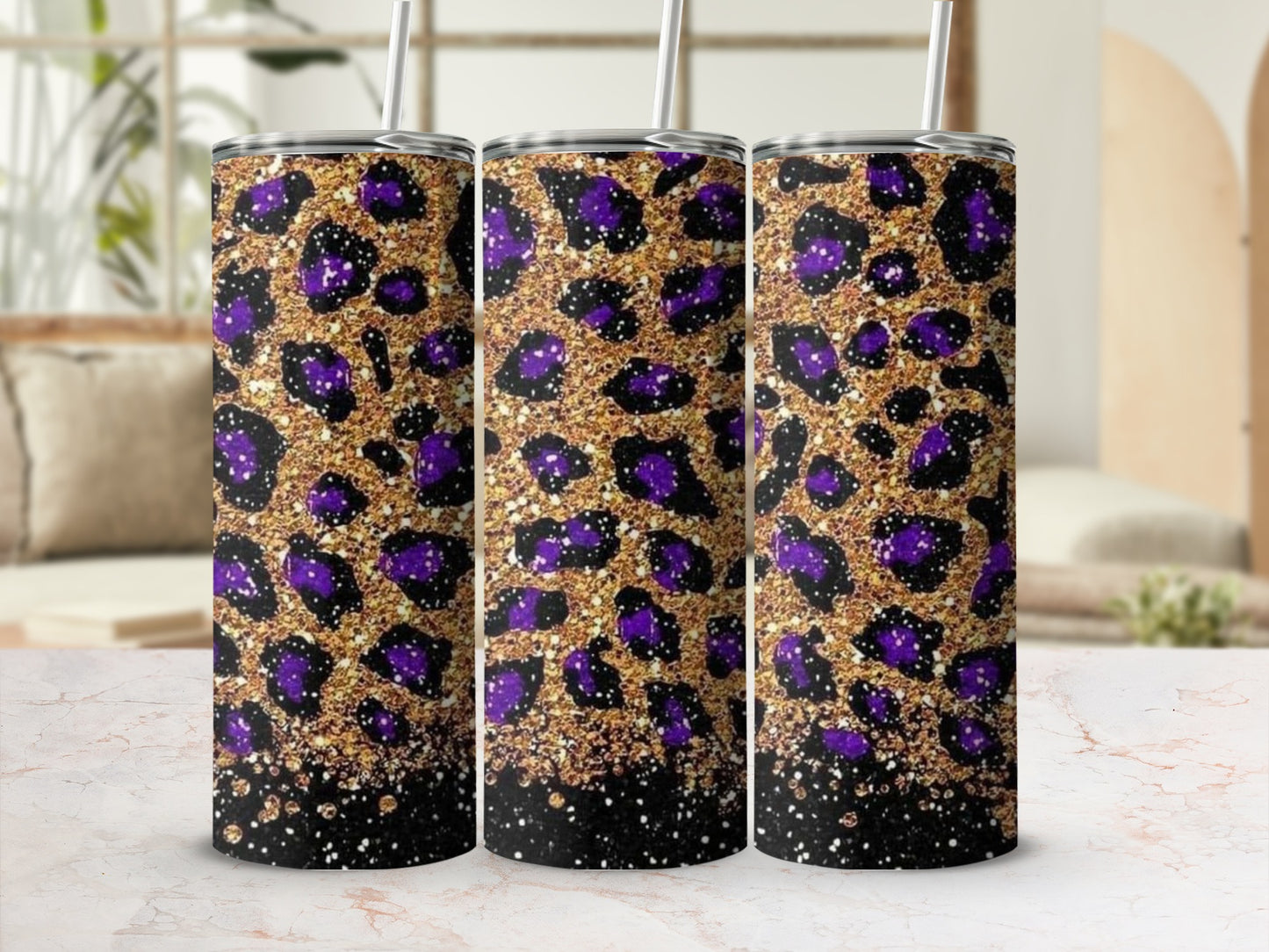 Purple and Gold Leopard Print Tumbler Cup with Straw