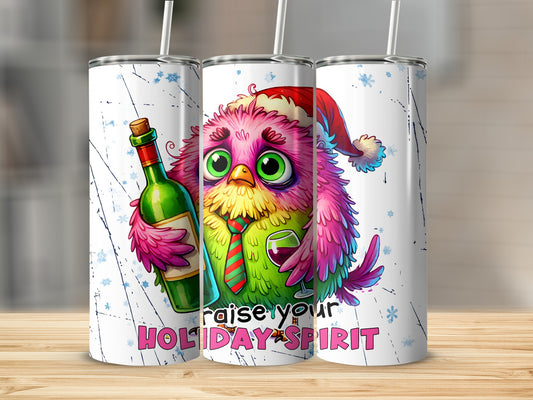 Humorous cartoon bird in Santa hat holding wine bottle and glass, "Raise Your Holiday Spirit" text.