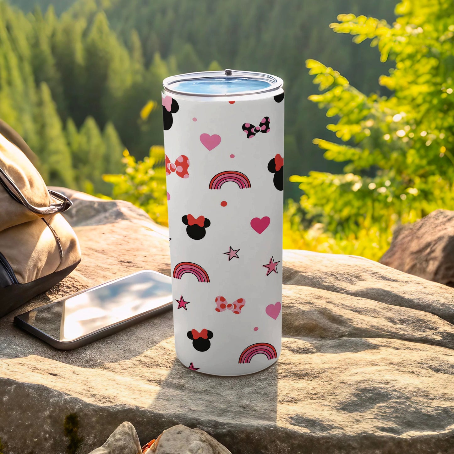 Cute Minnie Mouse Pattern Tumbler with Hearts Bow Rainbows