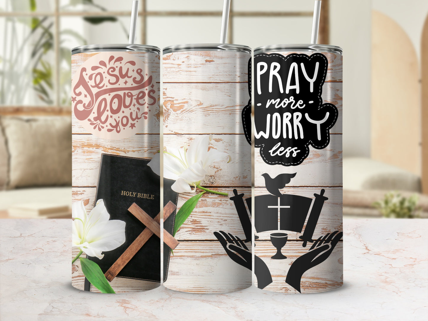 Inspirational faith-themed tumbler set with white lilies