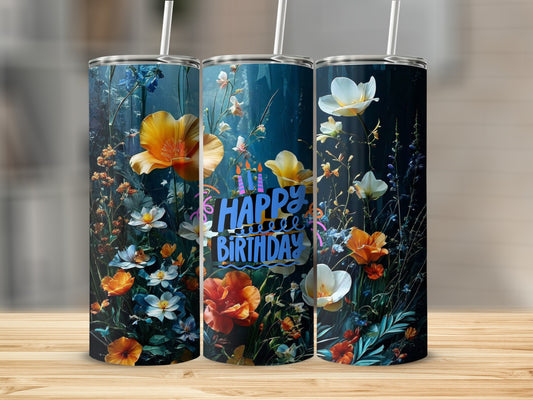 Floral tumbler with "Happy Birthday" text and candles.
