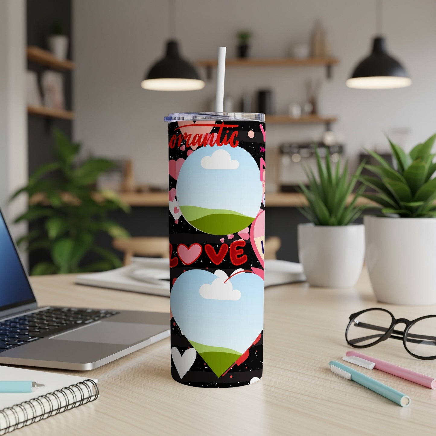 Tumbler with romantic hearts and "LOVE" design, featuring circular photo frames.
