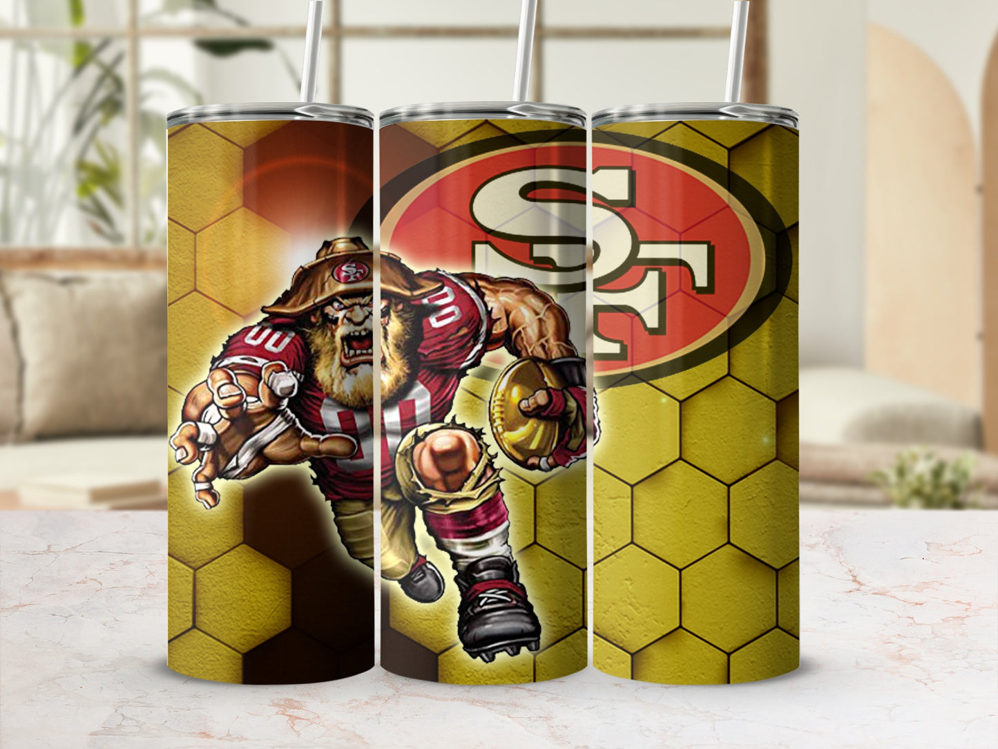 Fierce Football Mascot with SF Logo on Hex Pattern Tumbler
