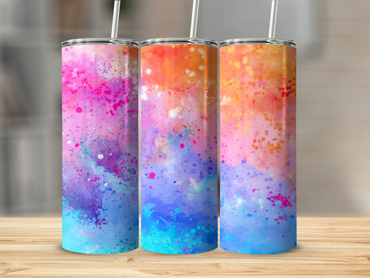 Three tall tumblers with colorful watercolor splash designs.