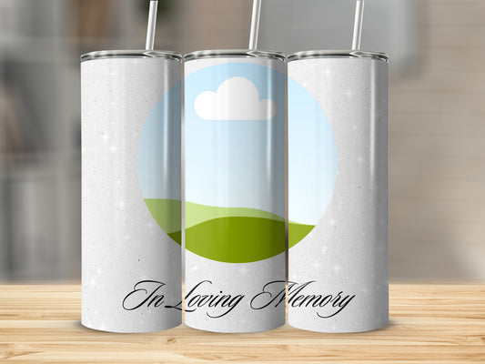 Three tumblers with a sky, cloud, and green hill design, with "In Loving Memory" text.