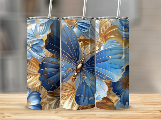 Three tumblers featuring blue and gold butterflies and floral designs.
