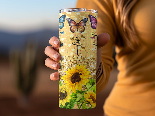 Colorful Floral and Butterfly Design Tumbler Cup