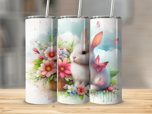 Bunny in a basket of flowers with butterflies, Easter design.