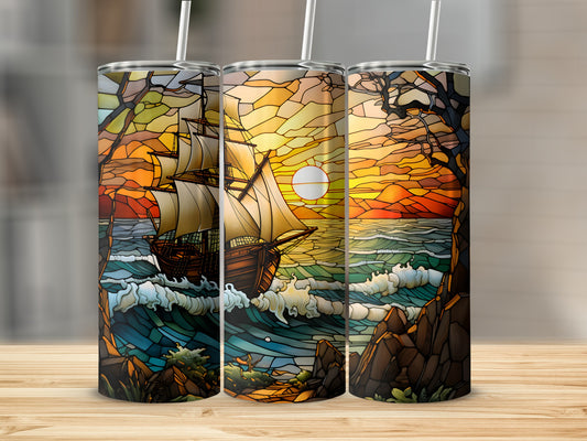 Three tumblers featuring a sailboat sailing on stormy seas at sunset.