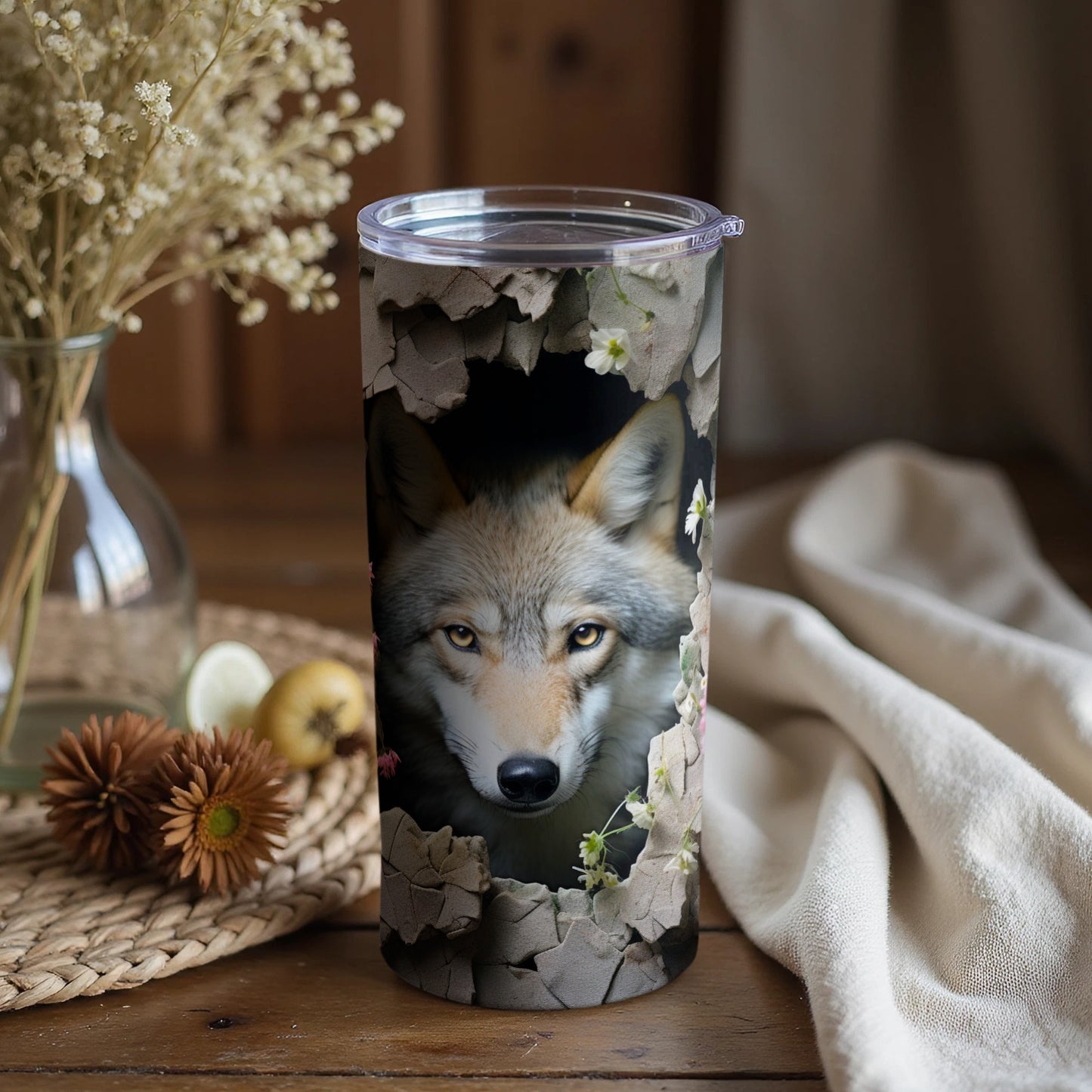 Wolf Gaze Cracked Design Floral Tumbler product type
Wolf design
Wildlife art
Animal print
Nature theme
Cracked earth
Stone effect
Floral accents
White flowers
Drinkware
Tumbler cup
Beverage holder
Unique gift
Outdoors inspired
Forest creature
Mystical wolf
Animal lover
Rustic style
Boho decor
Eye catching
Travel mug