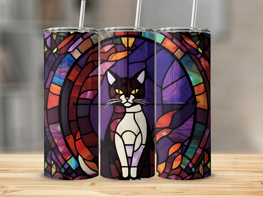 Cat stained glass pattern on three tumblers with straws.