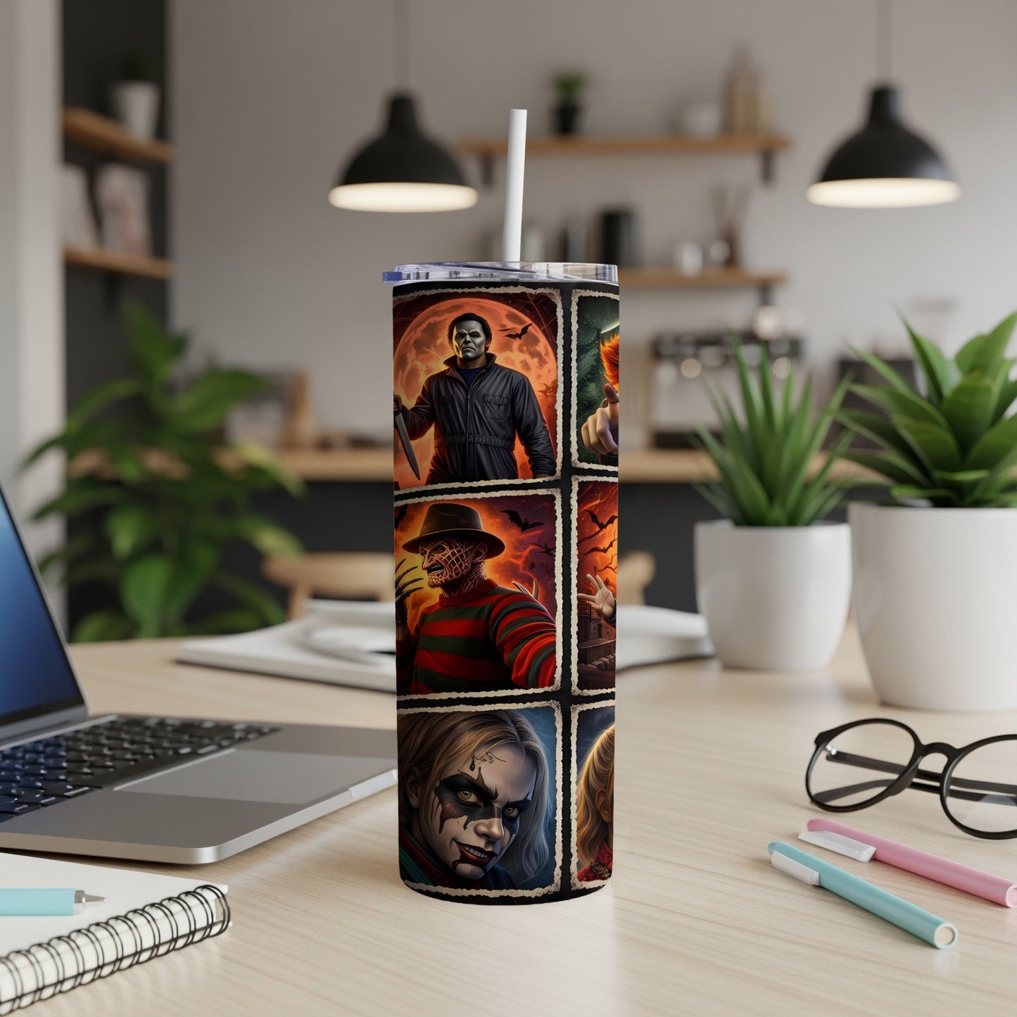 Tumbler featuring a collage of horror movie villains with a straw.