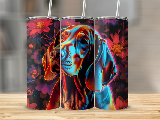 Triptych of a Vizsla dog with colorful floral background.