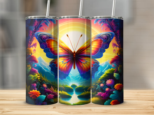 Butterfly on colorful landscape with flowers and sun.