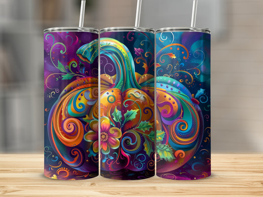 Three tumblers featuring colorful, swirling pumpkin and floral designs.