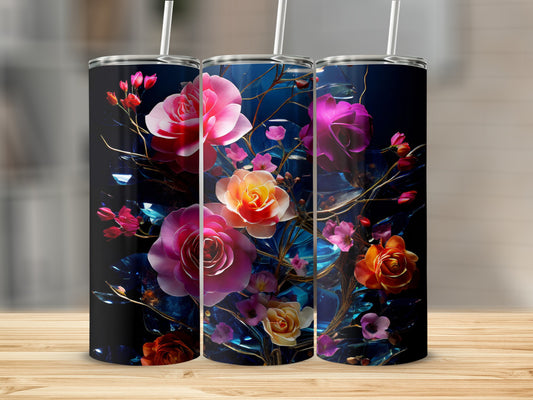 Three tumblers featuring vibrant pink, orange, and yellow floral designs on a dark background.