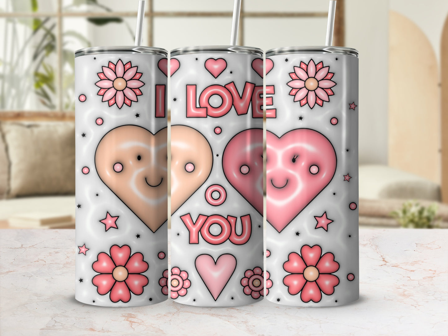 I Love You Happy Hearts and Flowers Design Tumbler