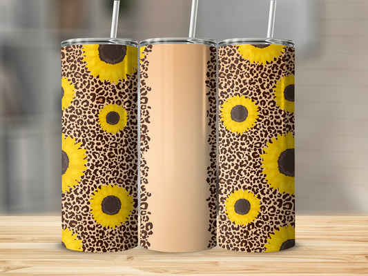 Three tumblers with sunflower and leopard print designs.