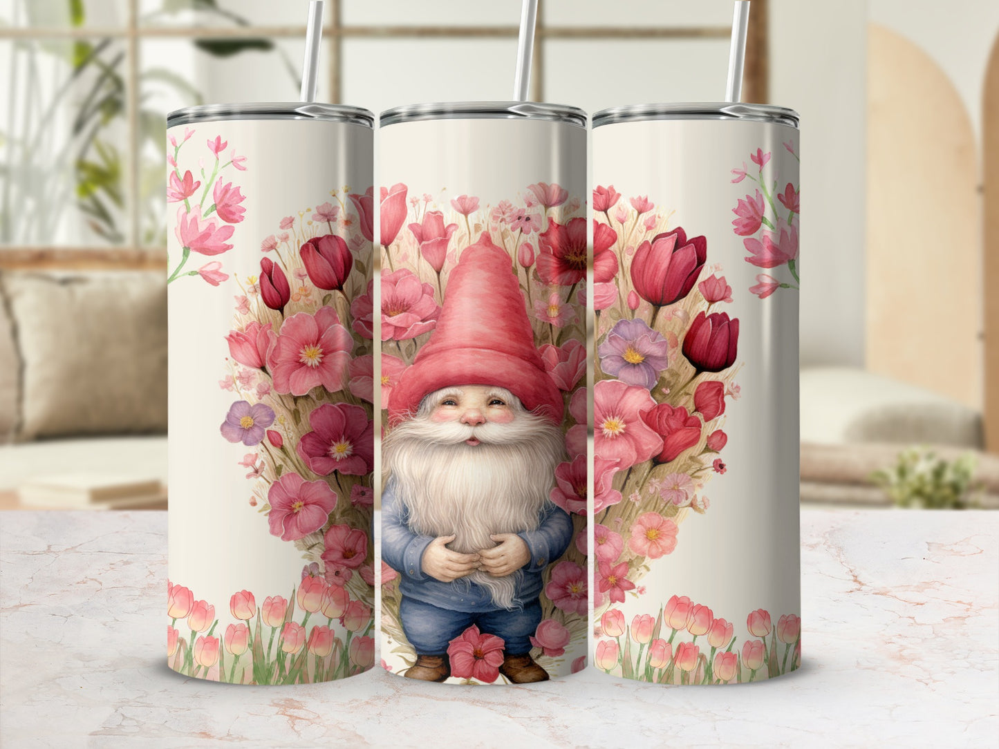 Whimsical Gnome with Red Hat and Flowers Tumbler