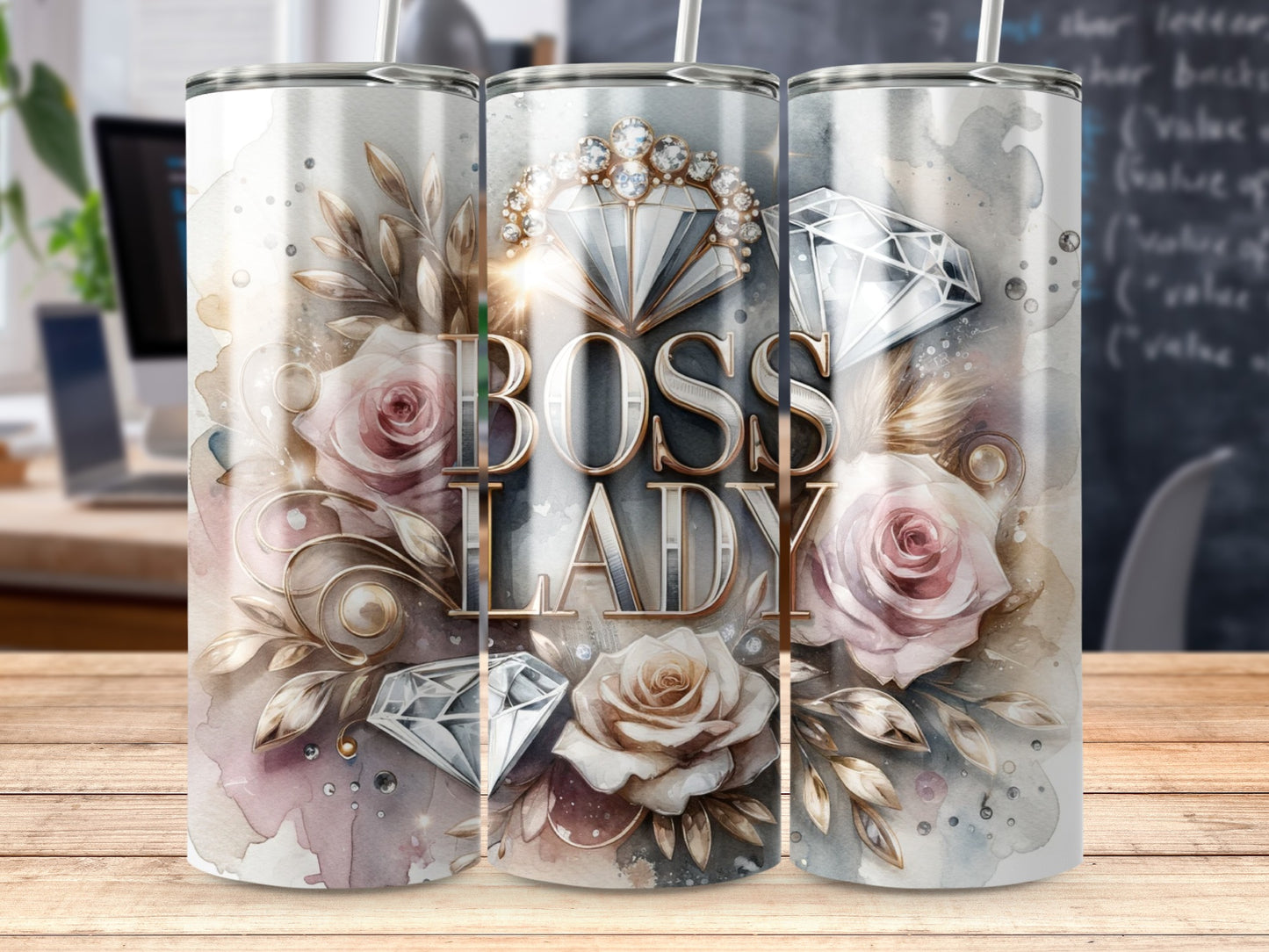 Watercolor BOSS LADY Diamond Roses Gold Leaves Stylish Tumbler product type