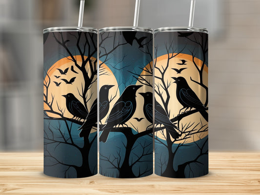 Three tumblers display a Halloween scene with crows perched on bare branches against a full moon.