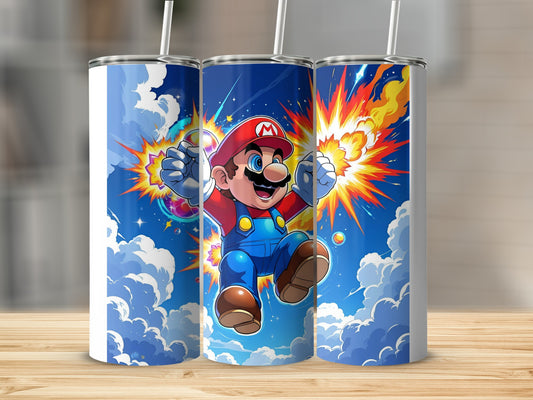 Mario in a dynamic pose with an explosion and clouds, on a tumbler.