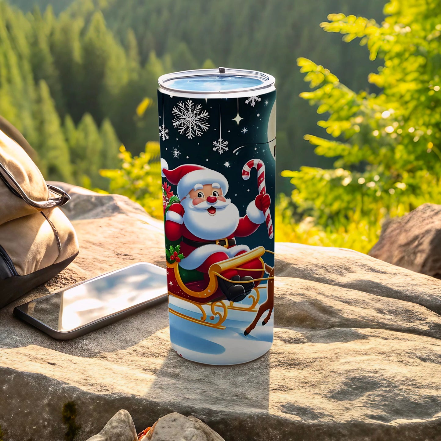 Santa Claus Riding Sleigh with Candy Cane Tumbler