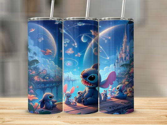 Cute Alien Cartoon Tumbler with Outer Space Background