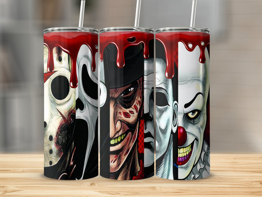 Three tumblers featuring horror movie icons with red dripping blood at the top.