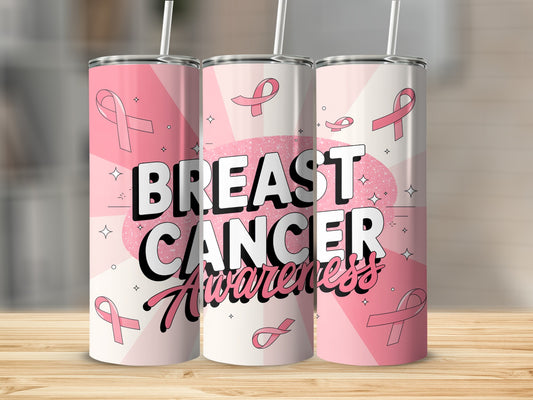 Pink breast cancer awareness tumbler with ribbon designs.
