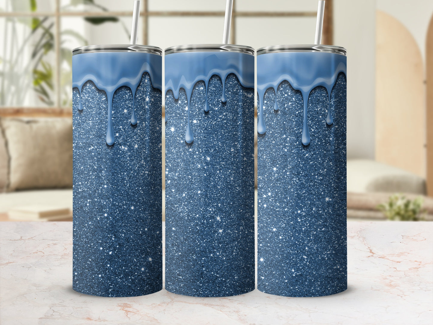 Glittering Blue Tumbler with Melting Ice Design
