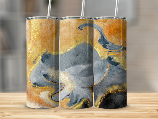 Three tumblers with abstract gold, gray, and black watercolor and glitter design.