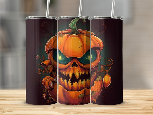 Three tumblers featuring a spooky, grinning jack-o'-lantern with glowing green eyes.