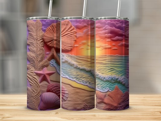 Three tumblers with embossed seashell and wave designs on a wooden surface.
