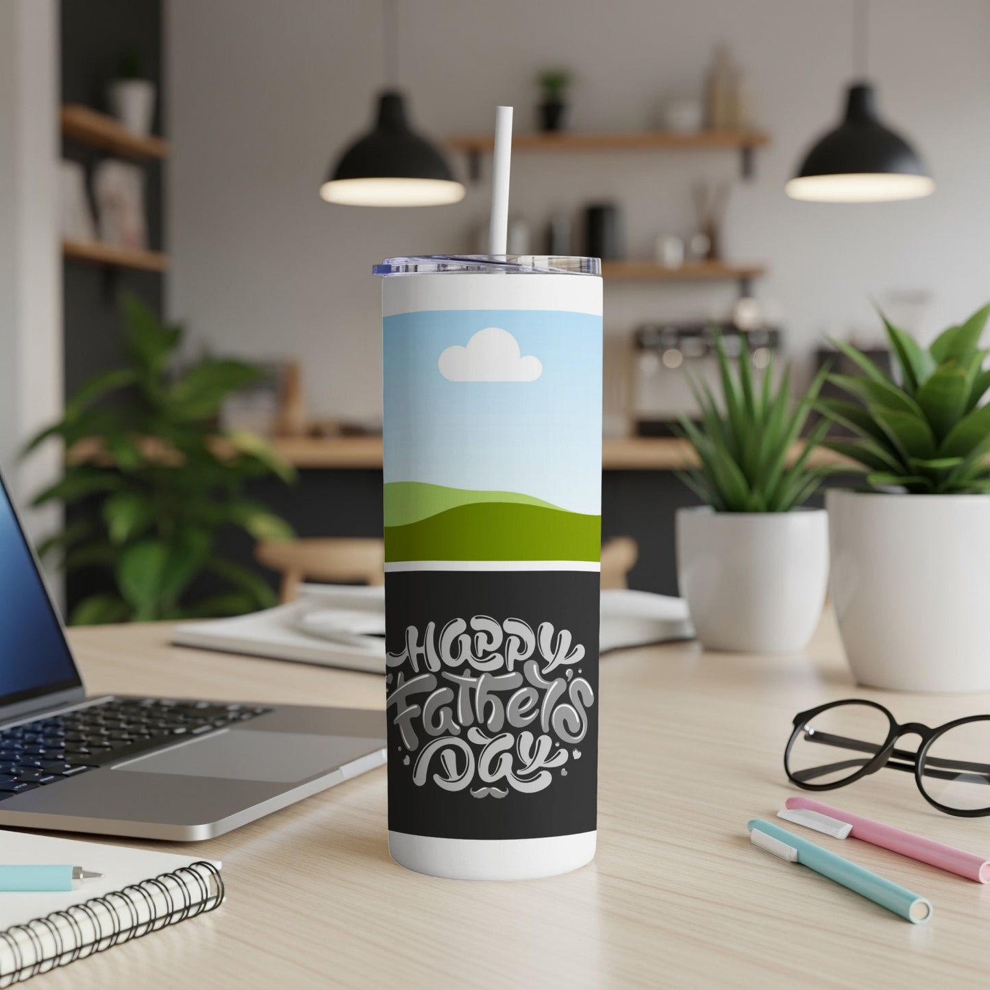 Tumbler with "Happy Father's Day" text and a landscape illustration.