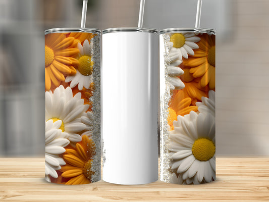 White tumbler with a daisy floral design on a wooden surface.