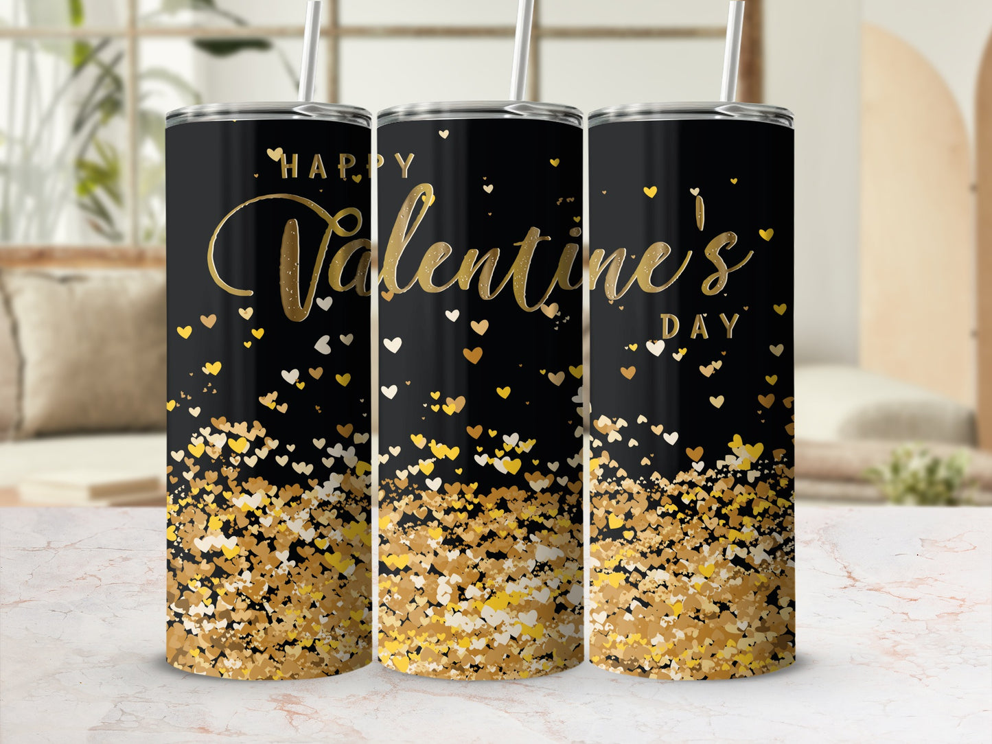 Happy Valentine's Day Gold Hearts Tumbler Design