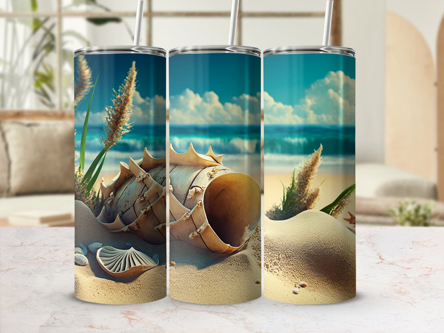 Beach Seashell Design Tumbler with Ocean Scenery