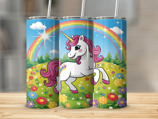Unicorn in a rainbow field with flowers and trees.